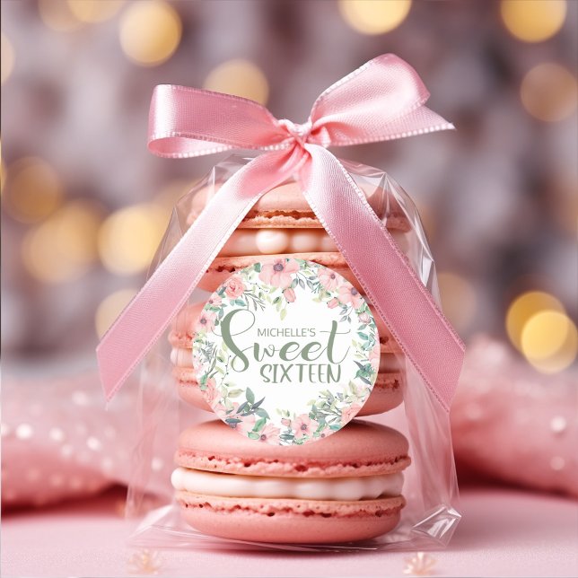 Sticker Rond Fleurs Rose Rougissant Feuilles Vert Sauge Sweet 1 (Blush pink watercolor floral Sweet 16 party favor sticker )
