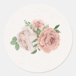 Sticker Rond fleurs rose rousse romantique & feuille classique