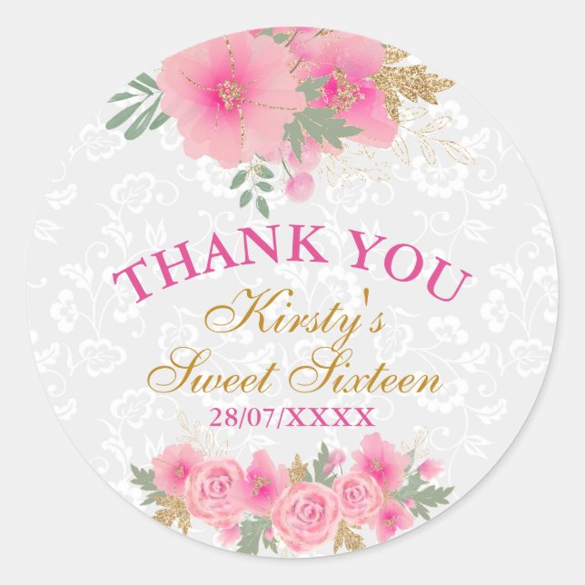 Sticker Rond Fleurs roses à l'aquarelle et or feuille douce 16 (Devant)