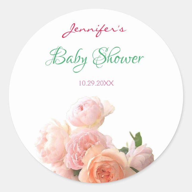 Sticker Rond Fleurs Roses Baby shower d'aquarelle manuscrites (Devant)