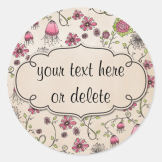 Sticker Rond fleurs roses blanches sur beige