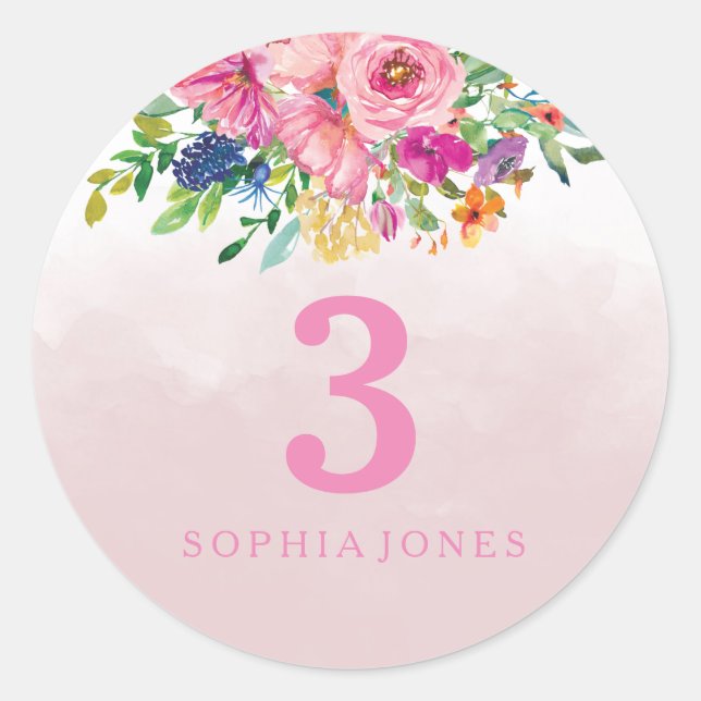 Sticker Rond Fleurs Roses Blush Filles Enfants Fête d'anniversa (Devant)