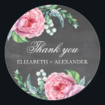 Sticker Rond Fleurs roses Boho. Chalkboard mariage merci<br><div class="desc">Mariage Chalkboard merci autocollant avec des fleurs roses boho. Contactez-moi,  s'il vous plaît,  si vous avez besoin d'autres articles.</div>
