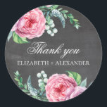 Sticker Rond Fleurs roses Boho. Chalkboard mariage merci<br><div class="desc">Mariage Chalkboard merci autocollant avec des fleurs roses boho. Contactez-moi,  s'il vous plaît,  si vous avez besoin d'autres articles.</div>