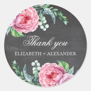 Sticker Rond Fleurs roses Boho. Chalkboard mariage merci