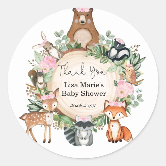 Sticker Rond Fleurs roses Bois Animaux Bébé Fille Douche (Devant)