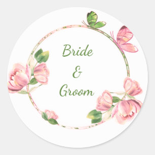 Sticker Rond Fleurs roses chaudes vert feuille papillons mariag
