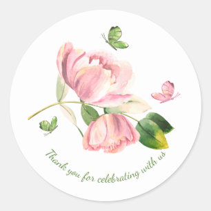 Sticker Rond Fleurs roses chaudes vert feuille papillons mariag