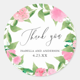 Sticker Rond Fleurs roses chic et Merci Mariage vert