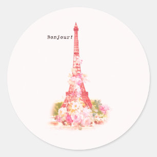 Sticker Rond Fleurs roses coralliennes Vintages Paris Tour Eiff