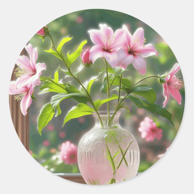 Sticker Rond Fleurs Roses Dans Le Vase (Devant)