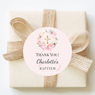 Sticker Rond Fleurs roses de baptême pour fille couronne croix