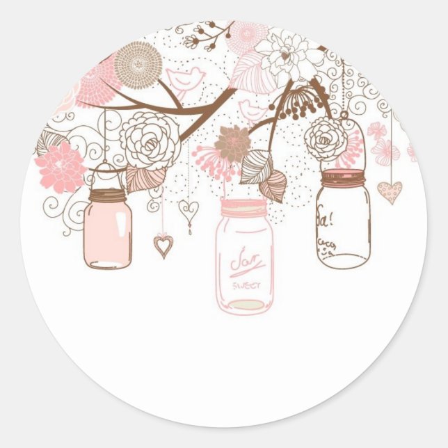 Sticker Rond Fleurs roses de pots de maçon de pays (Devant)