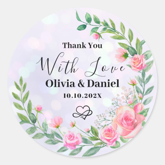 Sticker Rond Fleurs Roses Élégantes Remerciements Mariage (Devant)