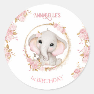 Sticker Rond Fleurs roses Eléphantes mignonnes 1er anniversaire