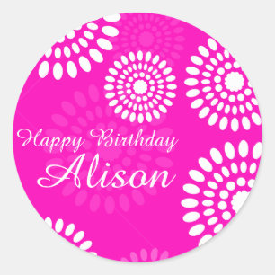 Sticker Rond Fleurs roses estivales Joyeux Anniversaire Nom aut