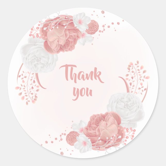 Sticker Rond fleurs roses et blanches merci (Devant)