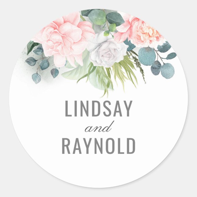 Sticker Rond Fleurs roses et Eucalyptus Mariage de verdure (Devant)