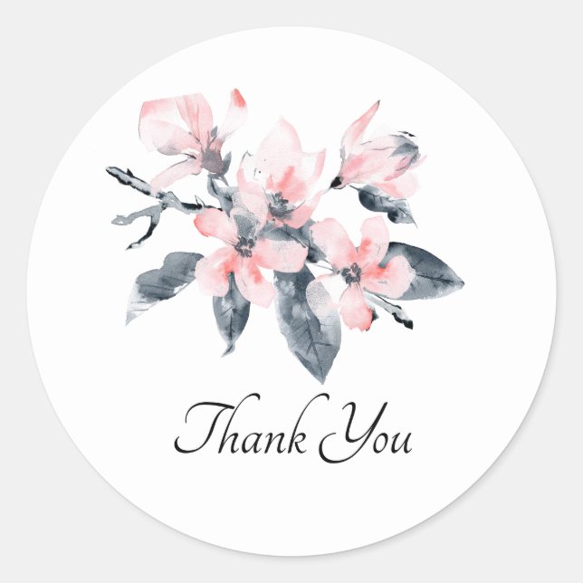 Sticker Rond Fleurs roses et gris Merci d'aquarelle classique (Devant)