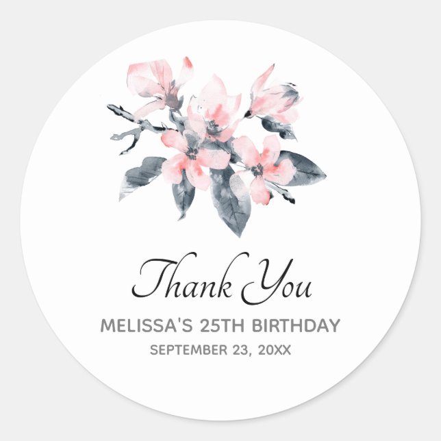 Sticker Rond Fleurs roses et gris Merci d'aquarelle classique (Devant)