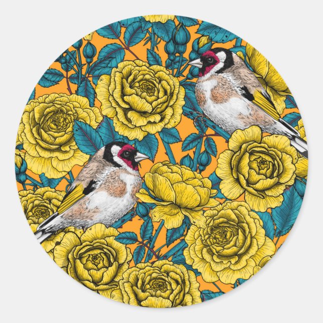 Sticker Rond Fleurs roses et oiseaux dorés (Devant)