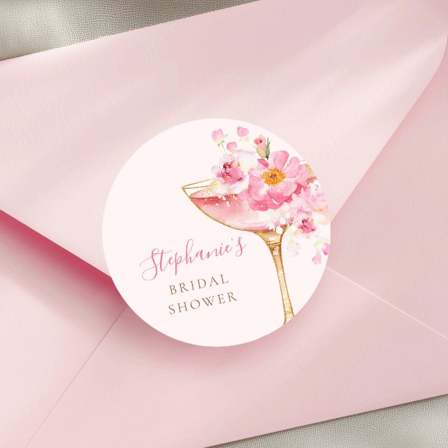 Sticker Rond Fleurs roses et prosecco pour une fête prénuptiale (Créateur téléchargé)