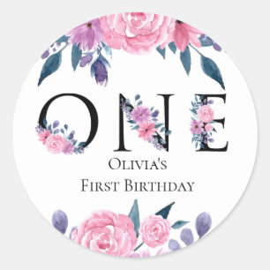 Sticker Rond Fleurs roses et violettes Premier anniversaire