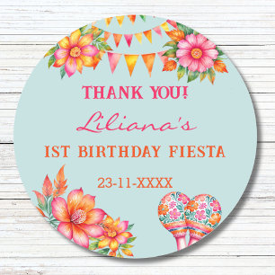 Sticker Rond Fleurs roses Fête Bleue 1er anniversaire Favoriser