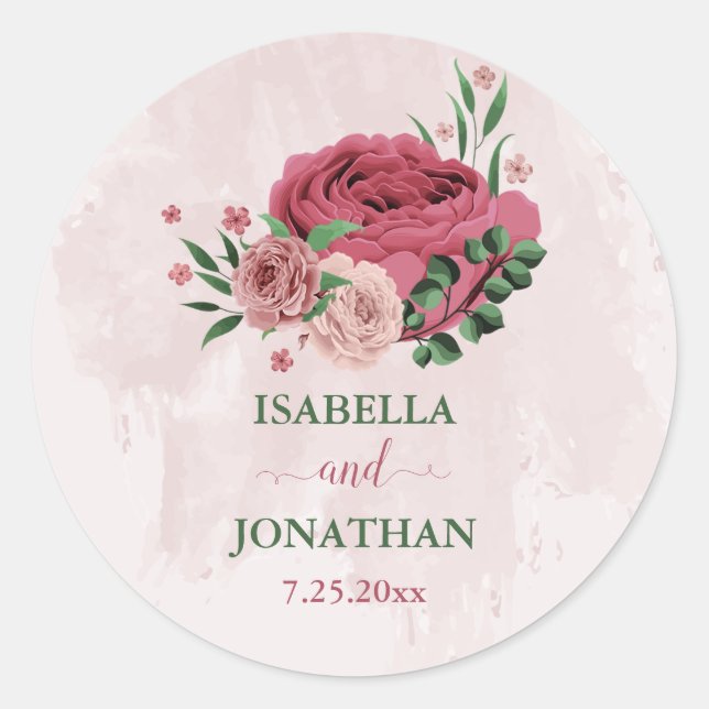 Sticker Rond fleurs roses feuilles vertes mariage (Devant)