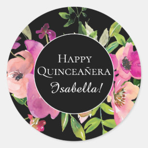 Sticker Rond Fleurs roses feuilles vertes Quinceañera noire joy