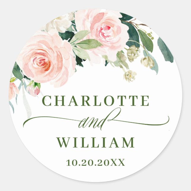 Sticker Rond Fleurs Roses Fluides Verdure Floral Mariage (Devant)