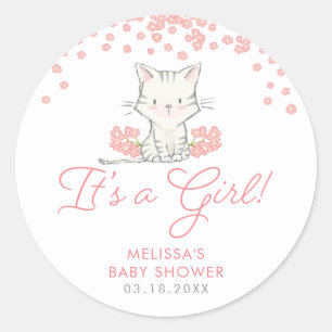 Sticker Rond Fleurs roses Kitten Baby shower fille