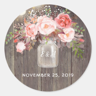 Sticker Rond Fleurs roses Mason Jar Mariage rustique
