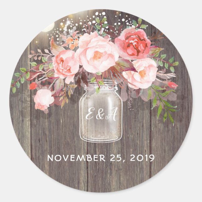 Sticker Rond Fleurs roses Mason Jar Mariage rustique (Devant)