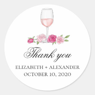 Sticker Rond Fleurs roses merci. Verre à vin. Mariage floral