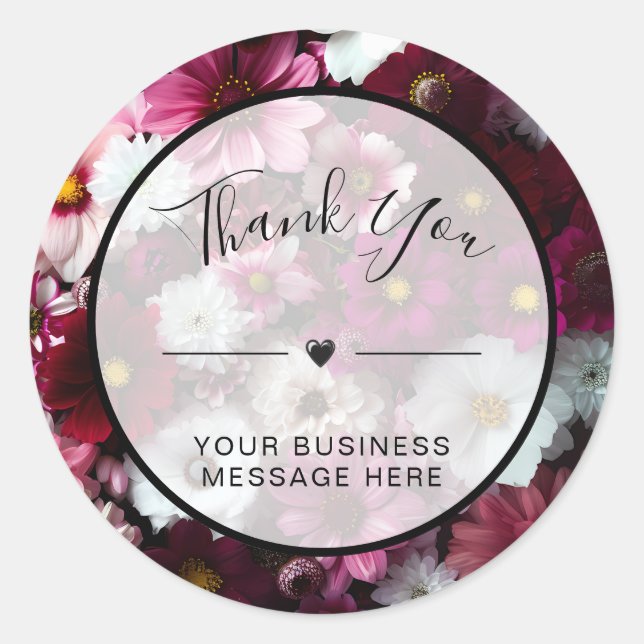 Sticker Rond Fleurs roses Mercis pour petites entreprises (Devant)