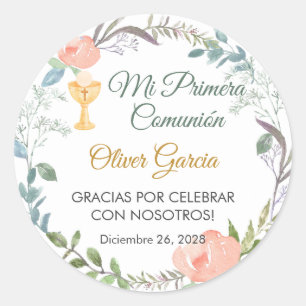 Sticker Rond Fleurs roses mignonnes et craie Première communion