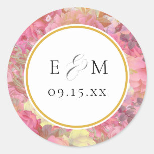 Sticker Rond Fleurs roses Monogrammes Mariage Enveloppe Phoques