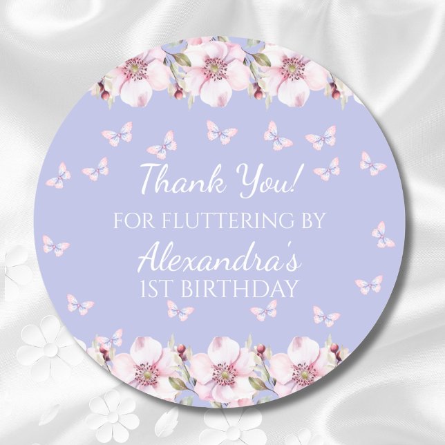 Sticker Rond Fleurs roses Papillon 1er Anniversaire Merci (Créateur téléchargé)