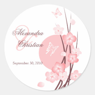 Sticker Rond Fleurs roses Papillon Mariage Faire-part