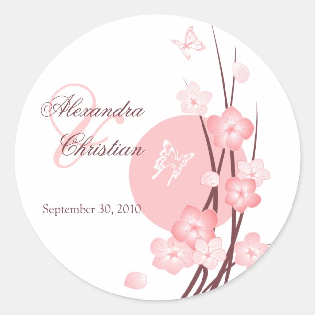 Sticker Rond Fleurs roses Papillon Mariage Faire-part (Devant)