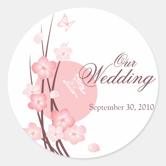Sticker Rond Fleurs roses Papillon Mariage Faire-part (Devant)