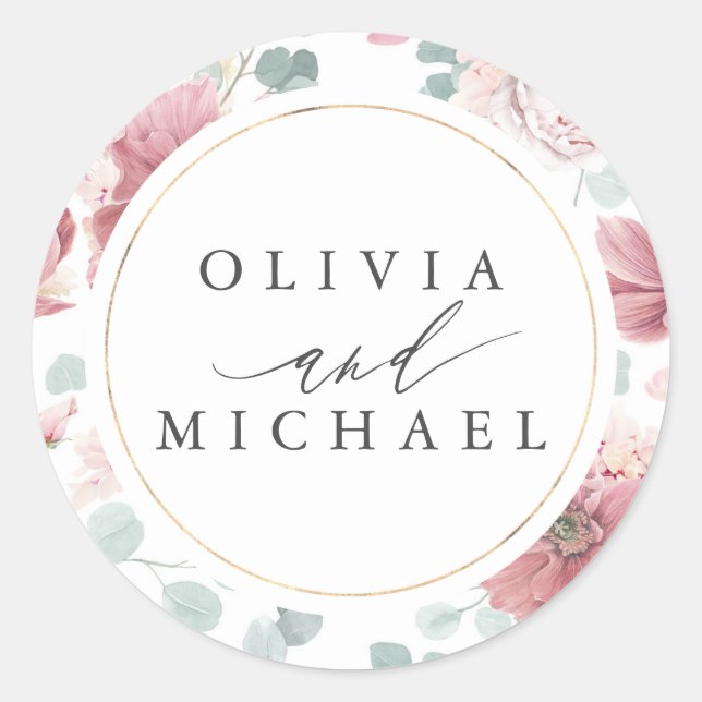 Sticker Rond Fleurs Roses poussiéreuses et cadre doré Mariage é (Devant)