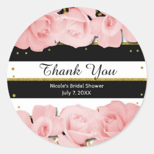 Sticker Rond Fleurs roses rayures noires et douche de mariée en