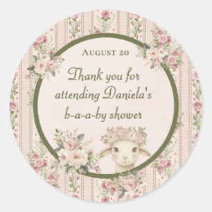 Sticker Rond Fleurs roses roses pâles agneau Fille Baby Shower