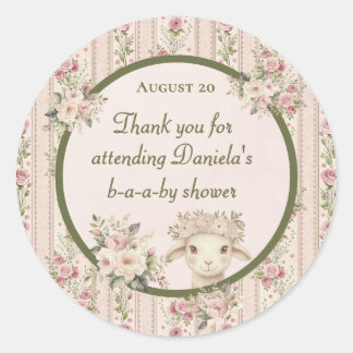 Sticker Rond Fleurs roses roses pâles agneau Fille Baby Shower