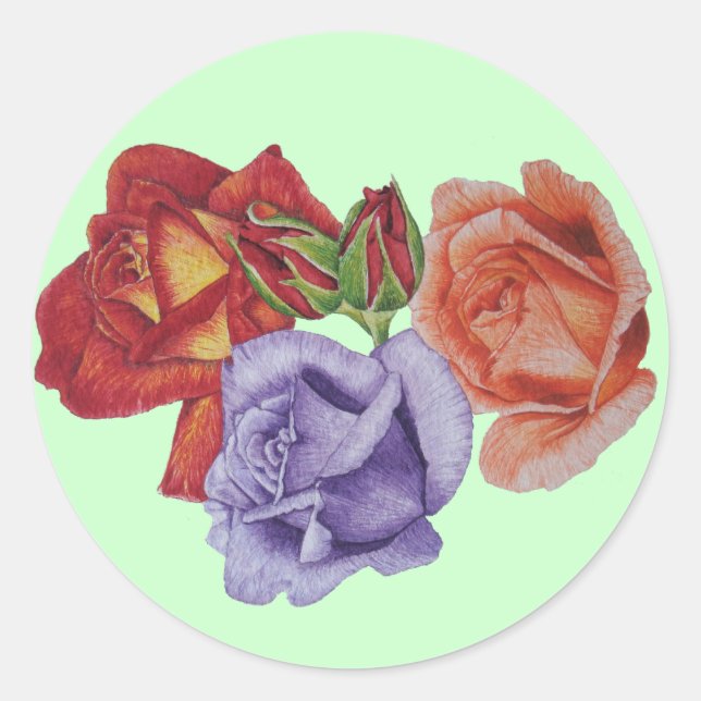 Sticker Rond fleurs roses rouges et bourgeons roses art floral (Devant)