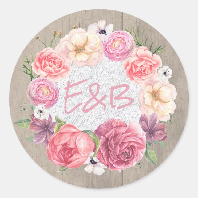 Sticker Rond Fleurs roses rustiques Mariage de couronne (Devant)