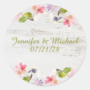 Sticker Rond Fleurs roses rustiques sur bois blanc