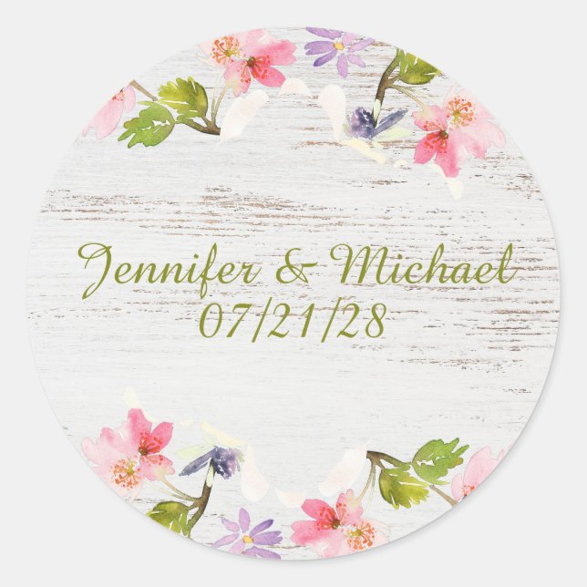 Sticker Rond Fleurs roses rustiques sur bois blanc (Devant)